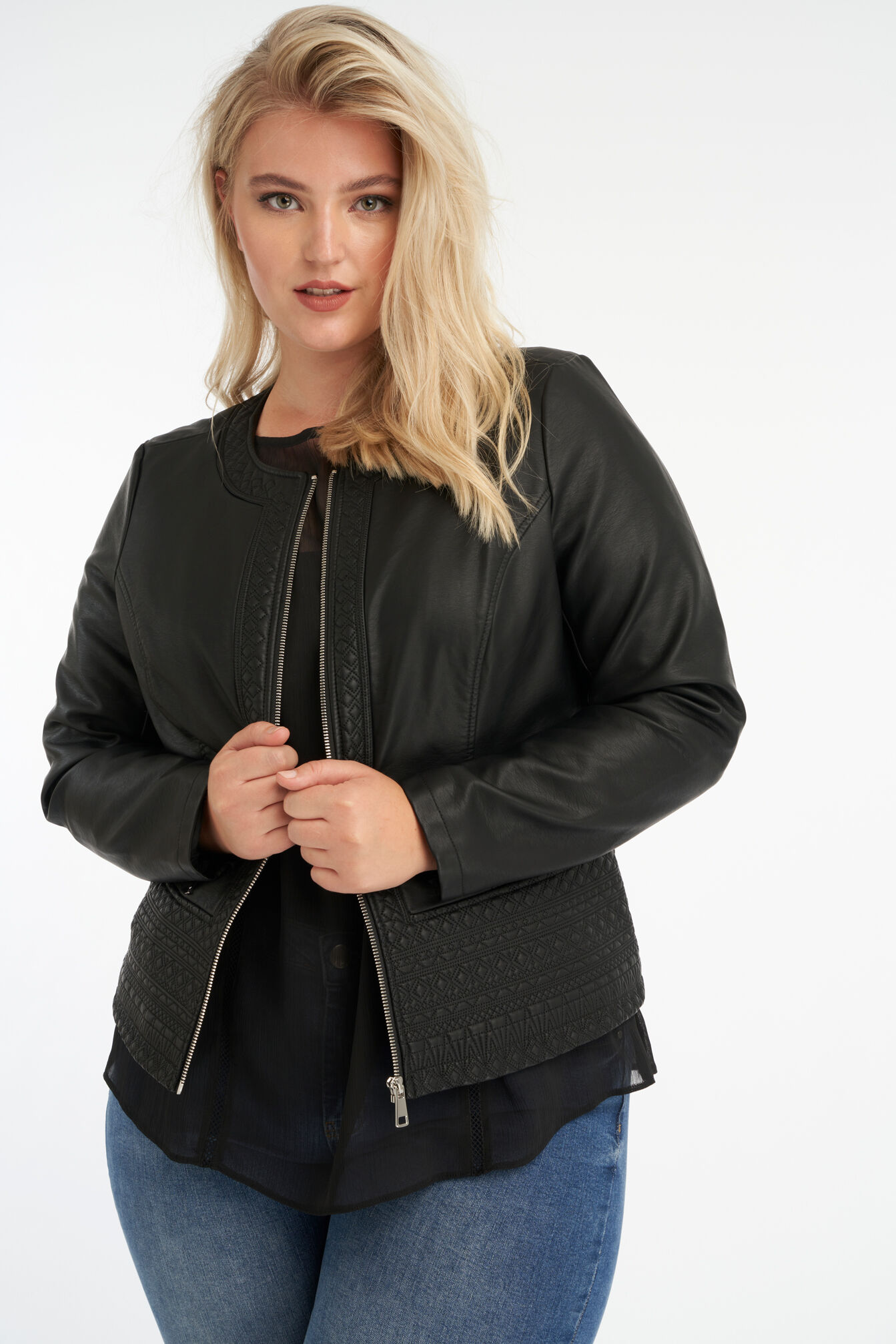 Imitatieleren bikerjack met ronde hals image number 4