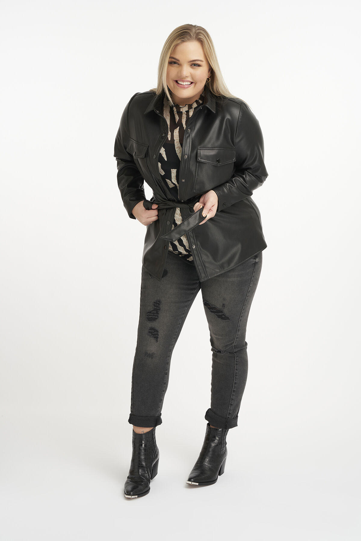 Pu leren jack met strikceintuur image number 4