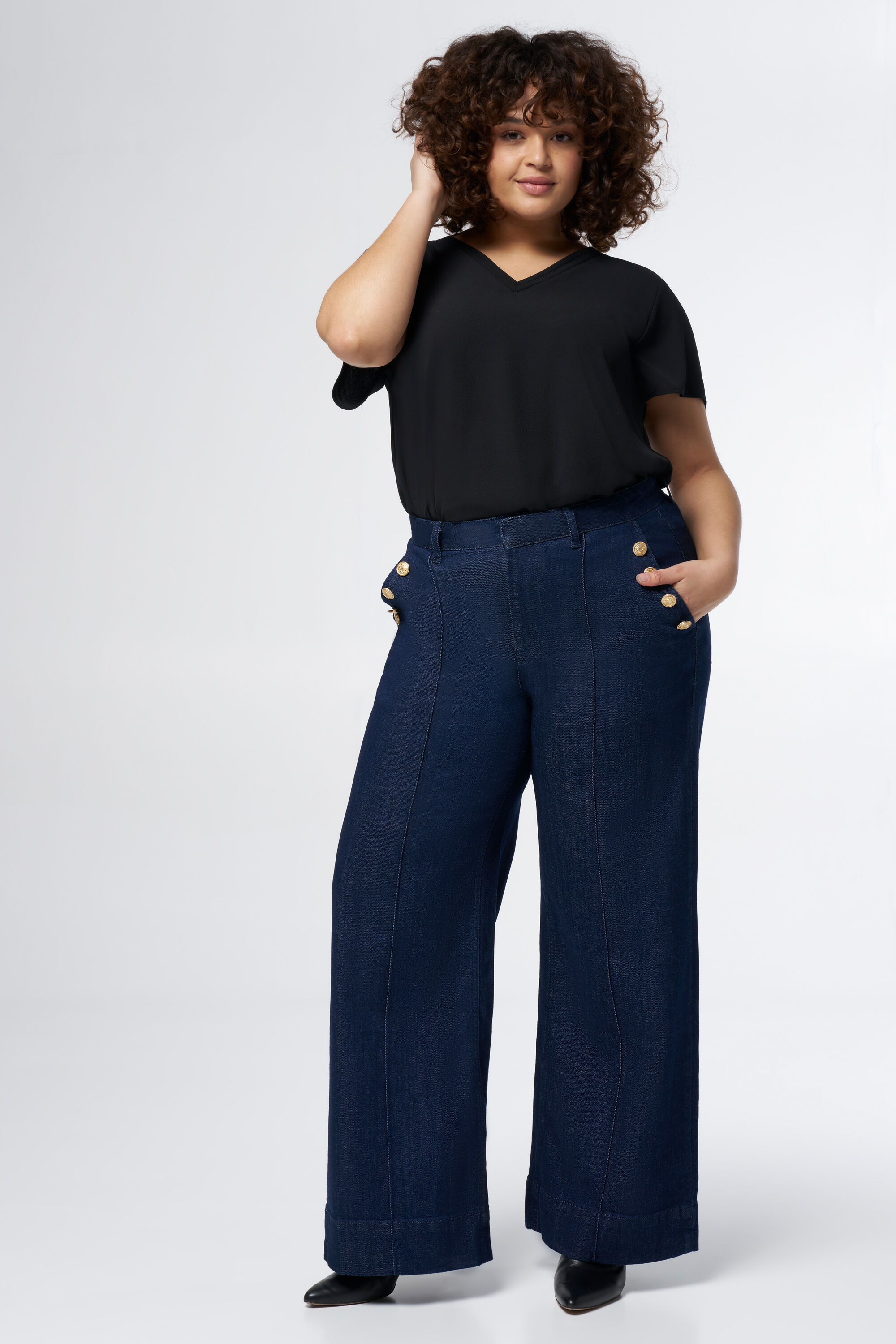 Denim pantalon met gouden knopen image number 6