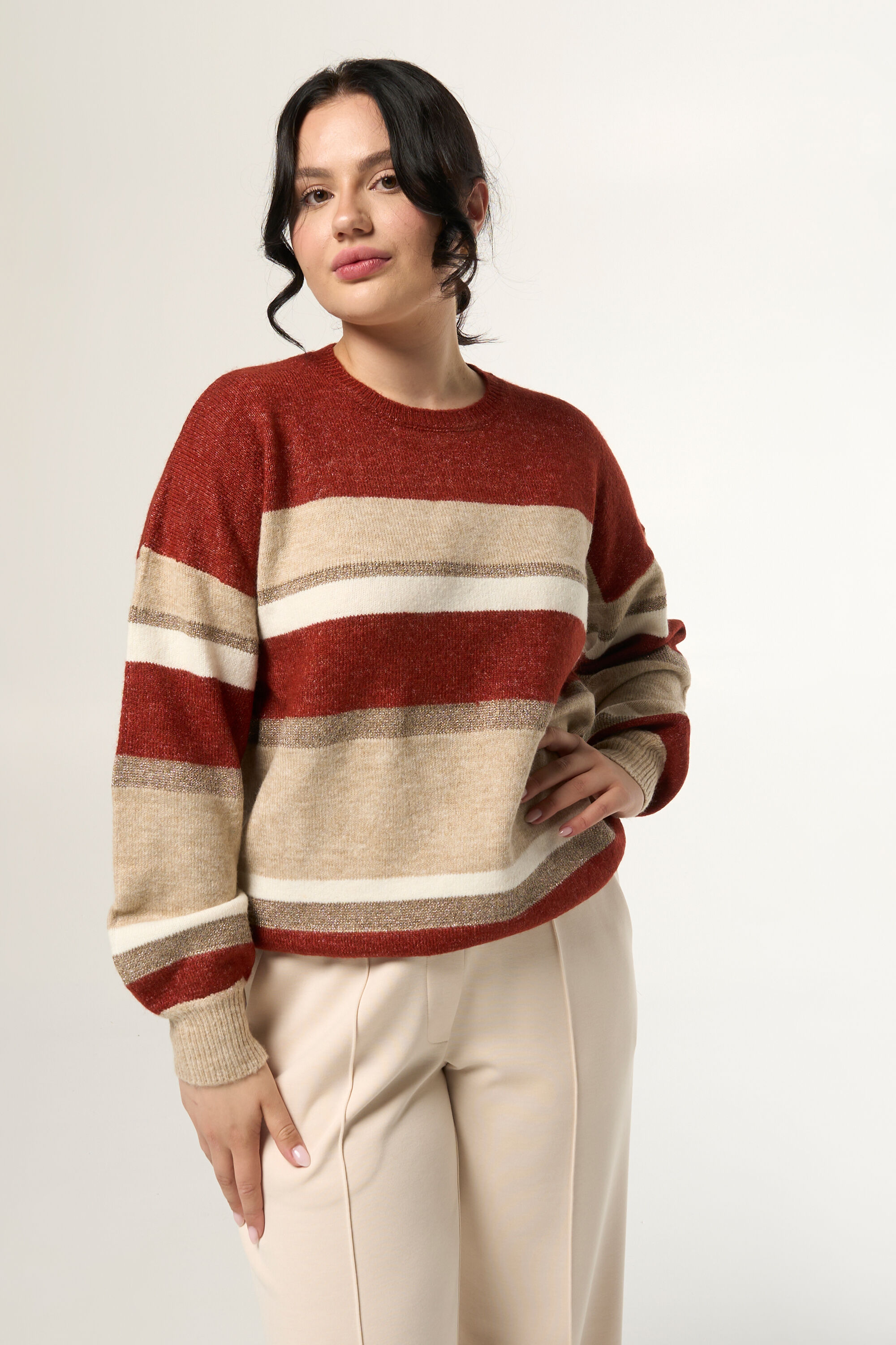 Dames Gestreepte trui met glitter Multi Steen rood MS Mode