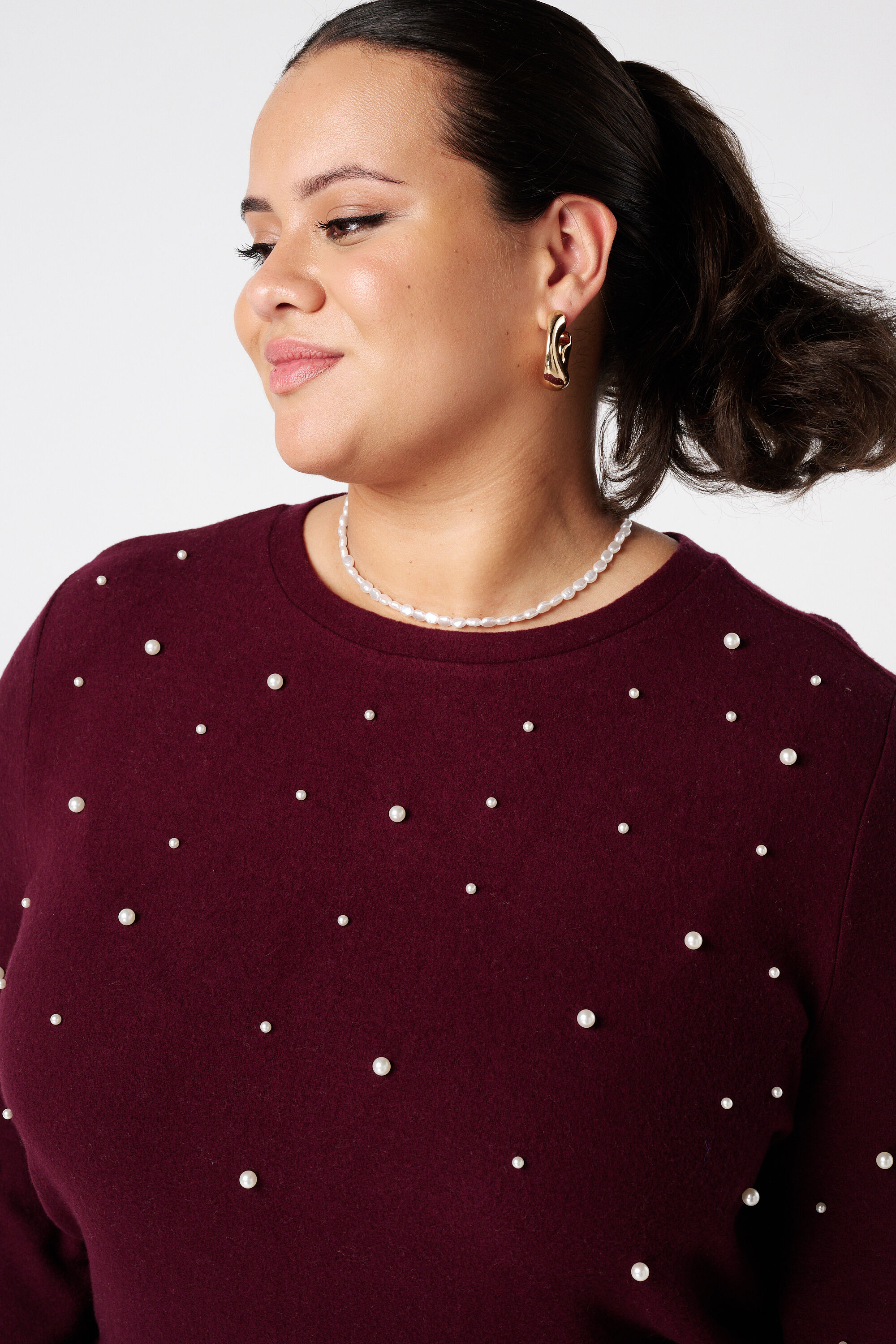 Brushed trui met parel opdruk image number 4