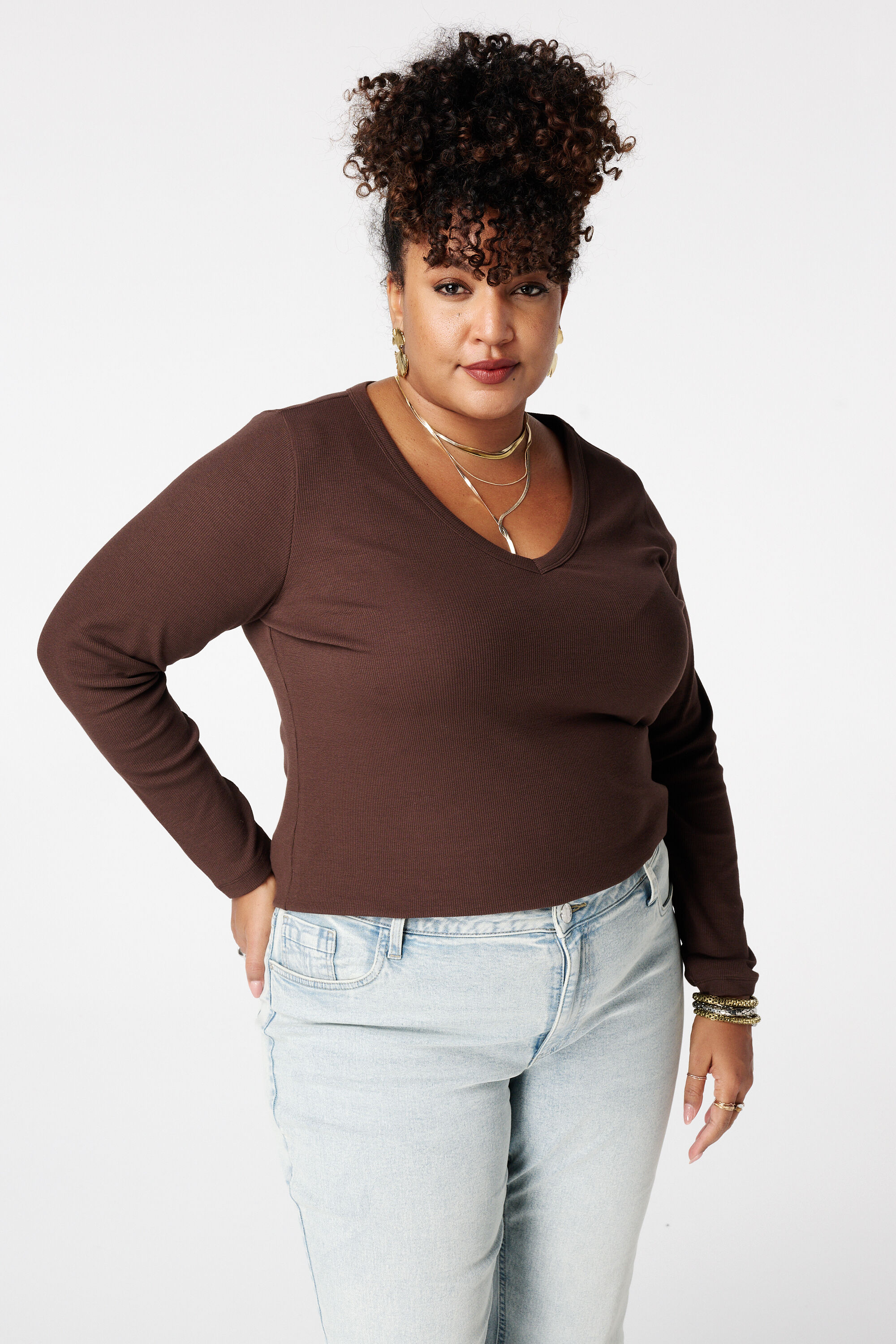 Geribde top met lange mouwen