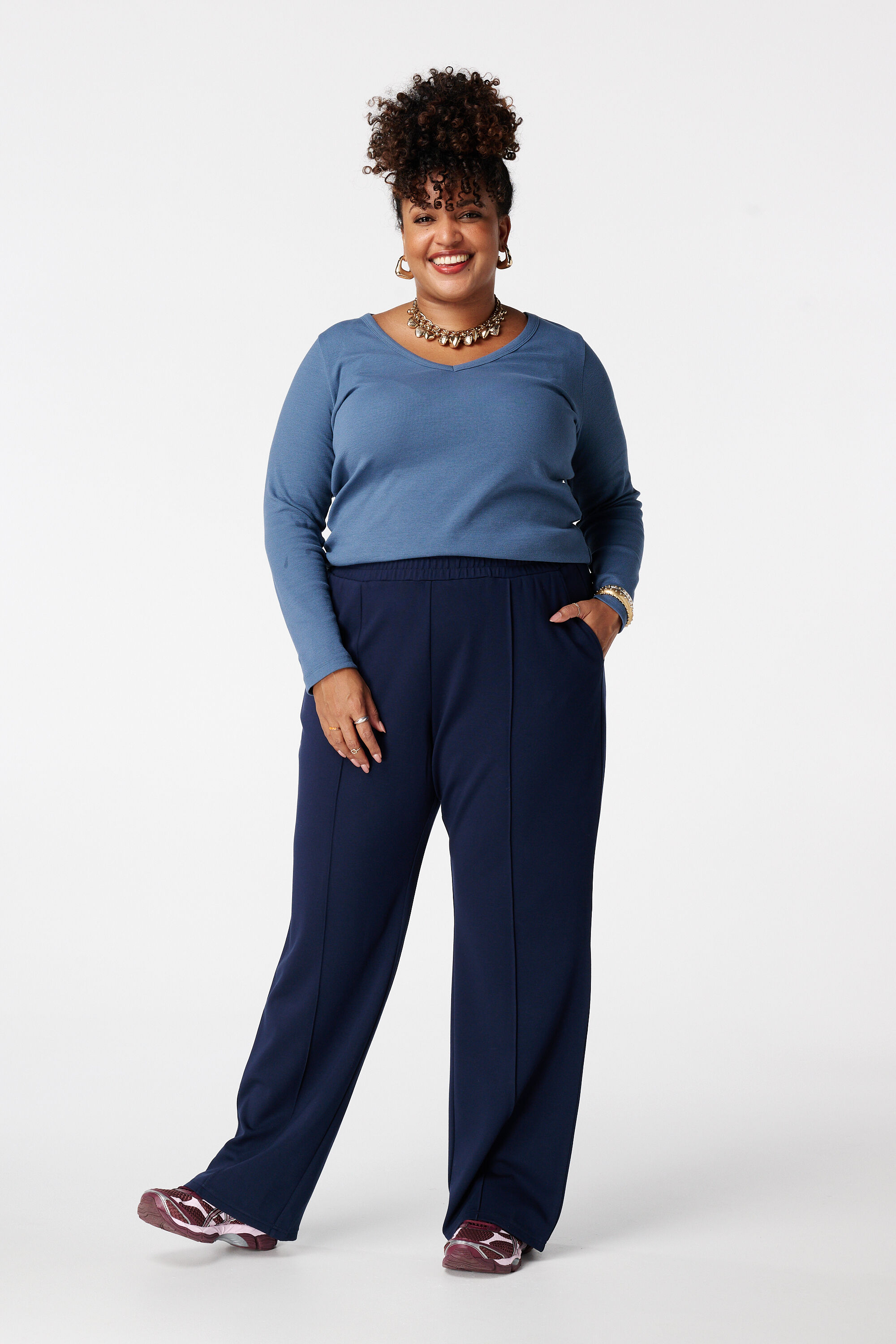 Wide leg pantalon met siernaden