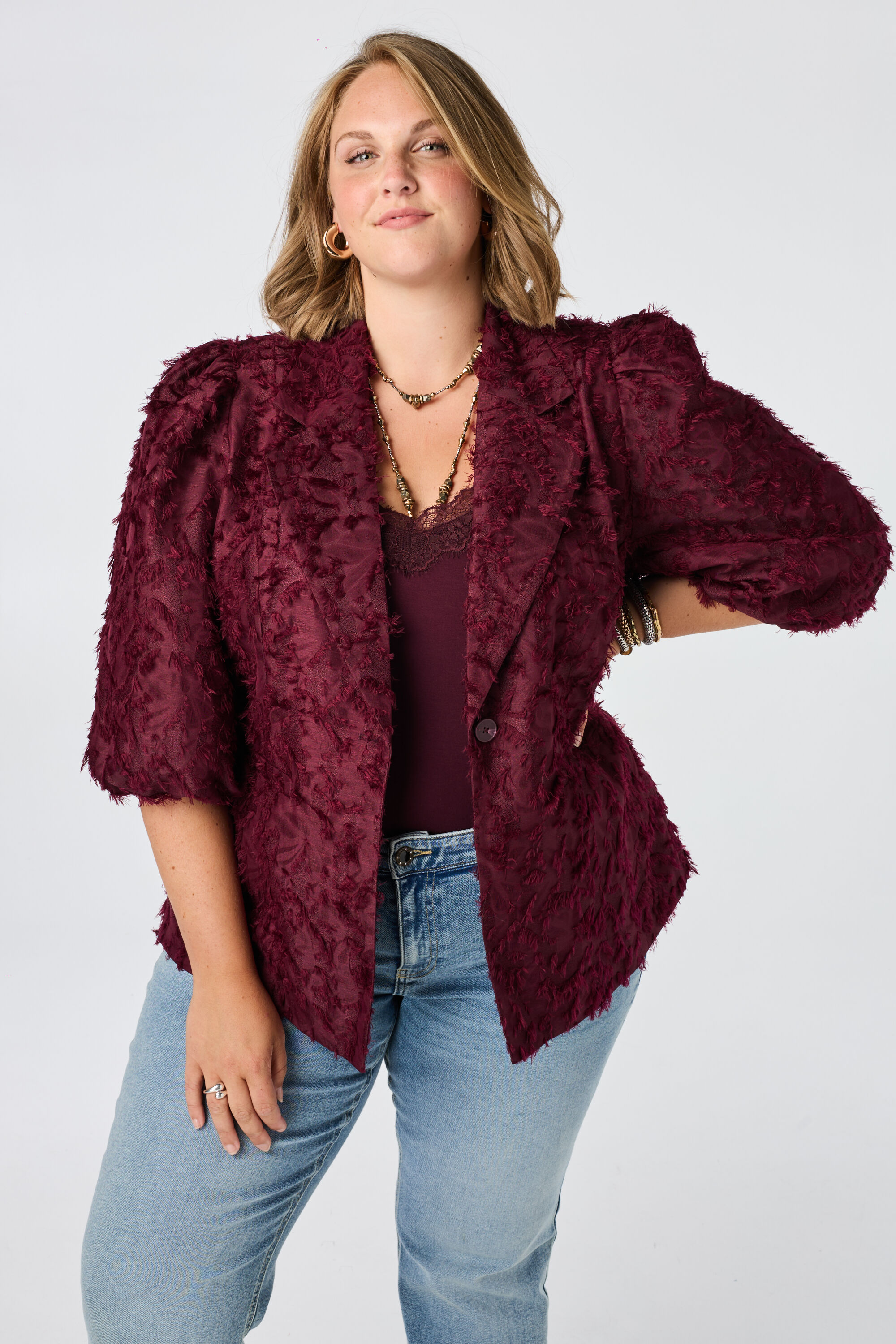 Fluffy blazer met pofmouwen
