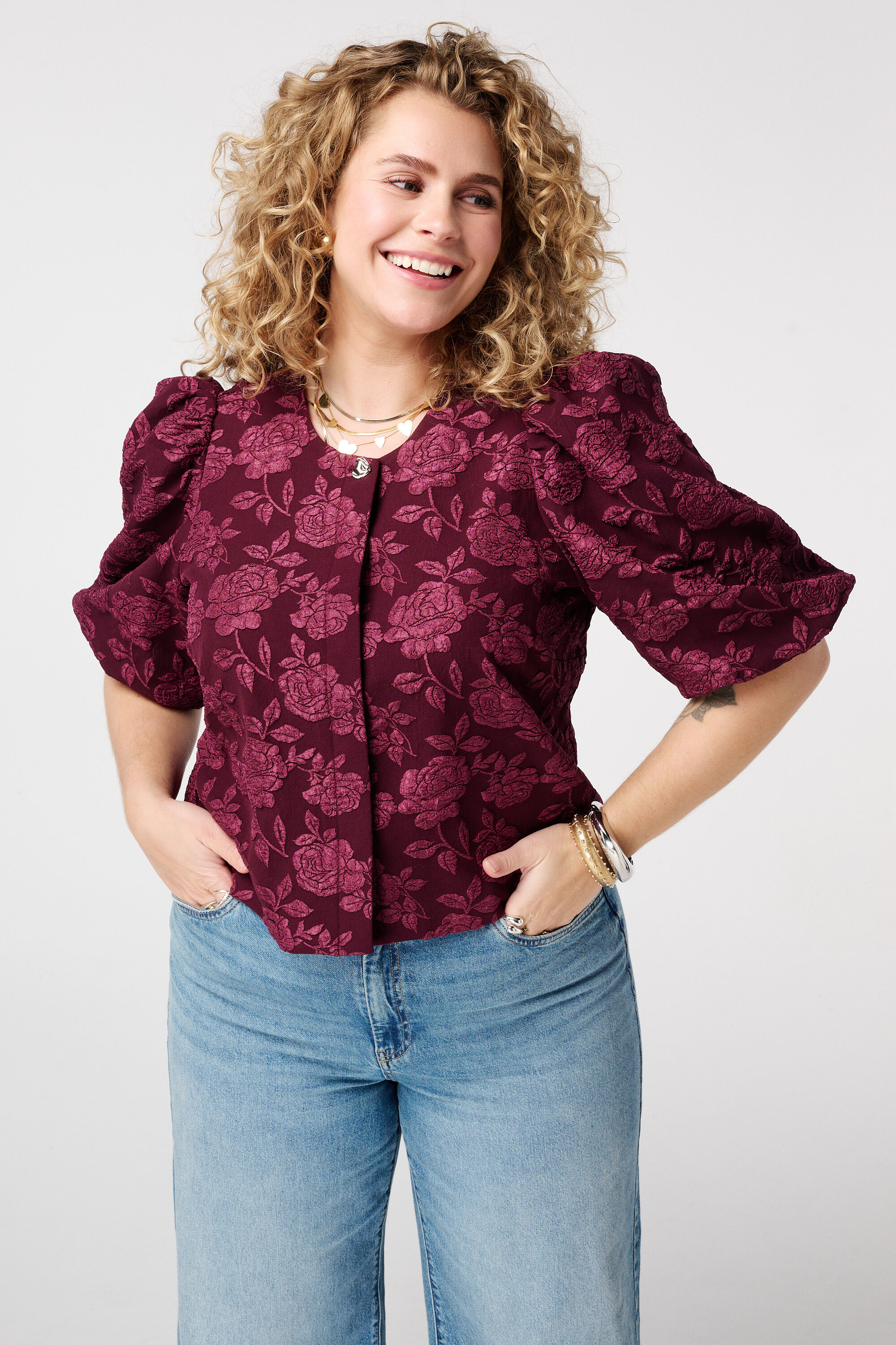 Jaquard top met pofmouw