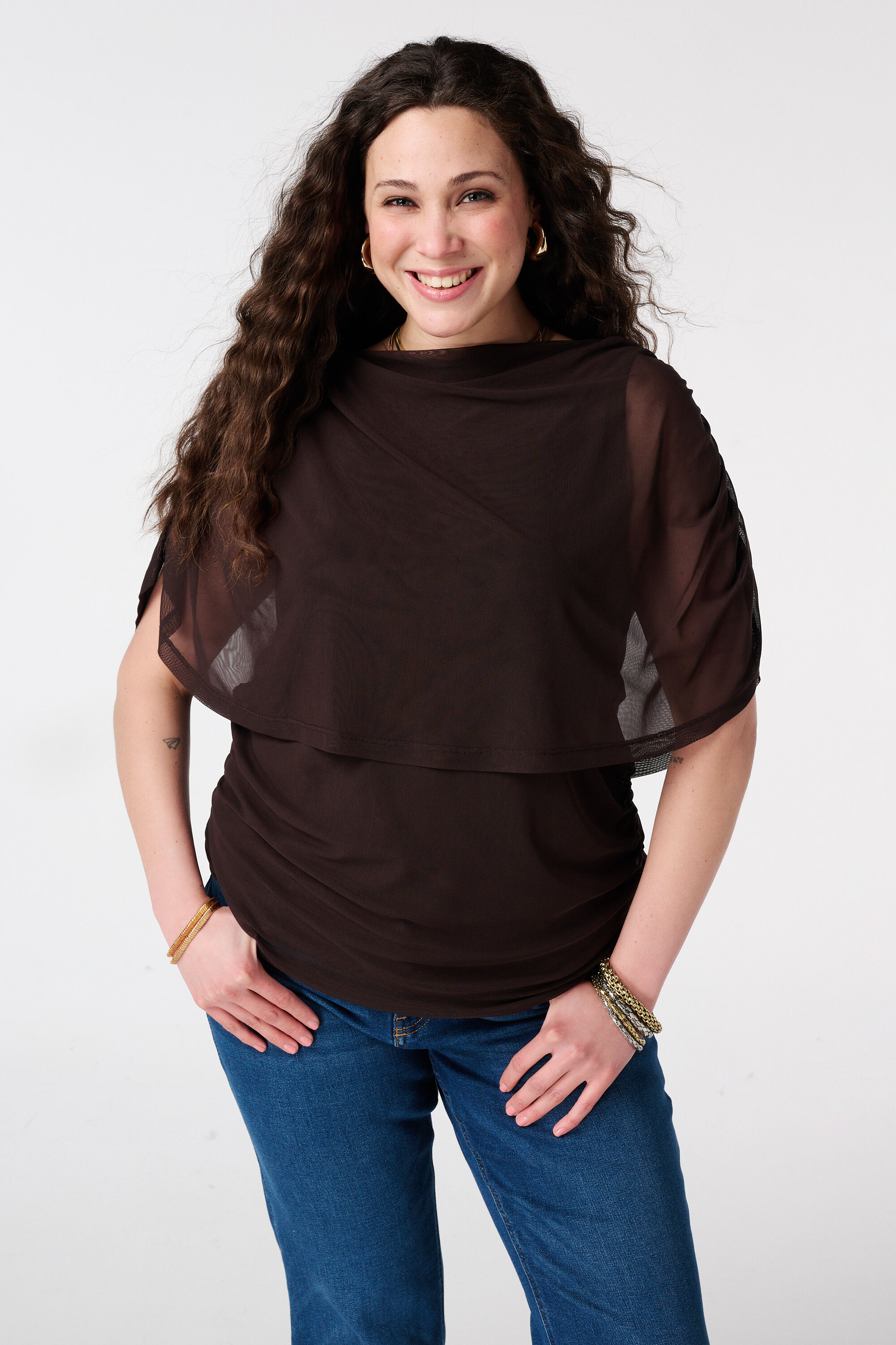 Mesh top met gedrapeerde mouwen