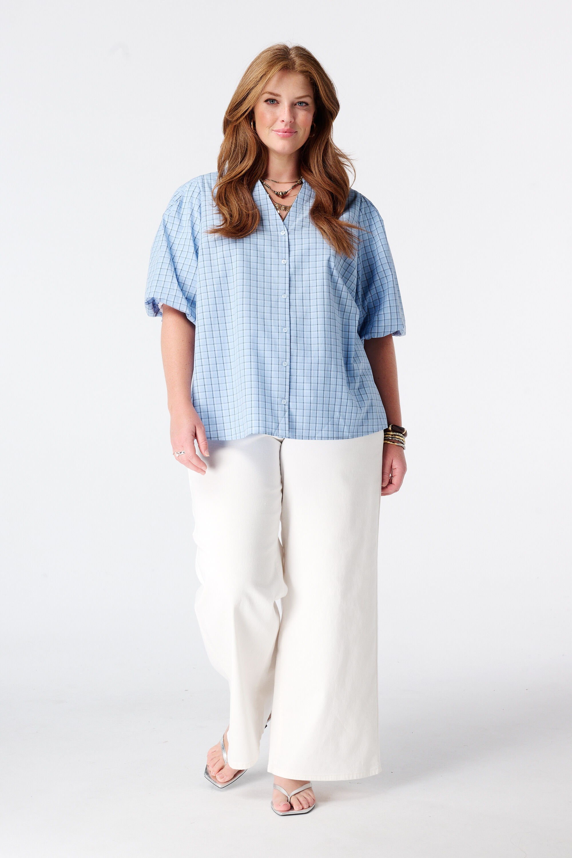 Geruite blouse met pofmouwen image number 5