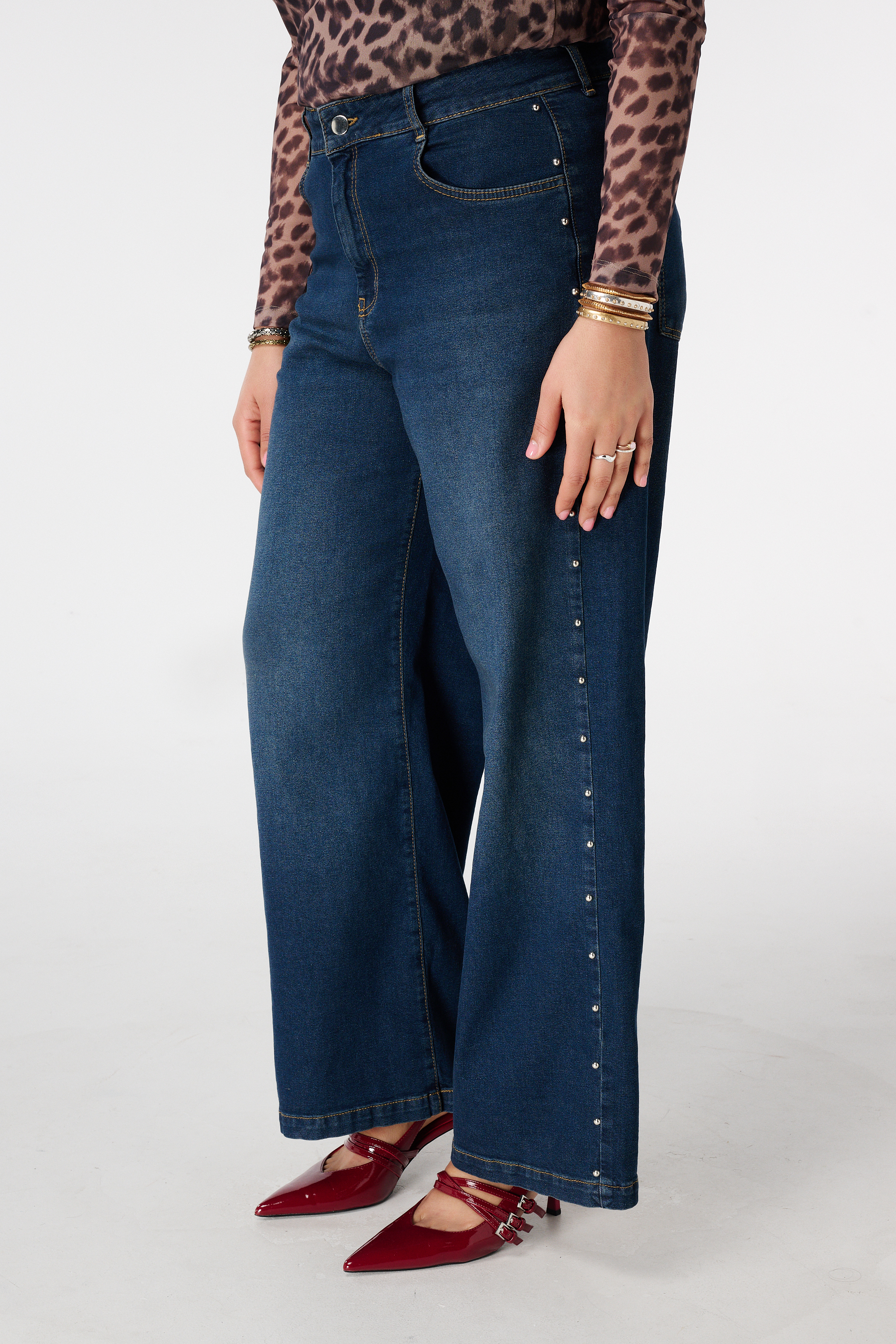 Dames Wide leg jeans met studs Dark Denim | MS Mode