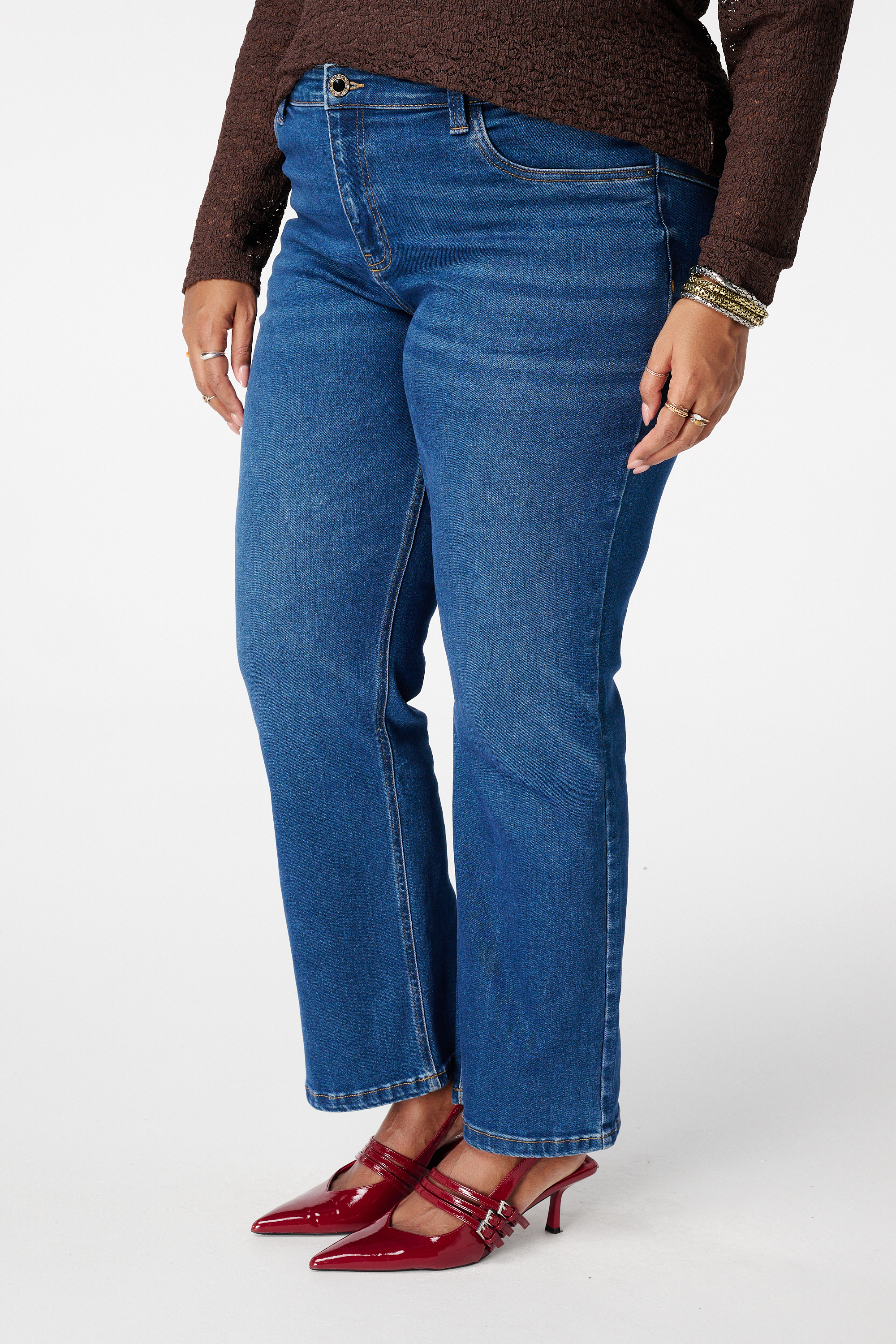 Dames Straight leg jeans met mid waist Dark Denim | MS Mode
