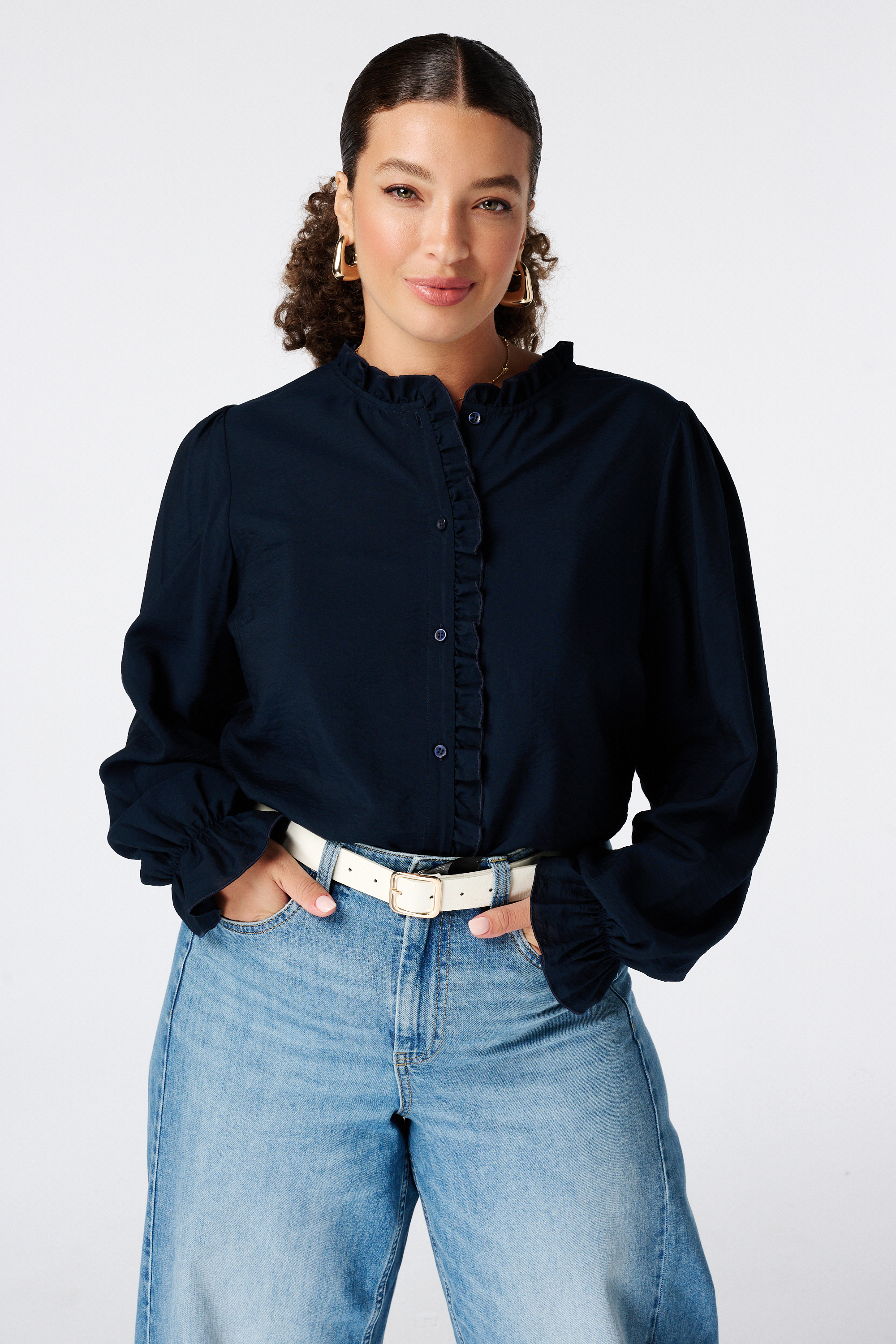 MS Mode Blouse à volants Bleu